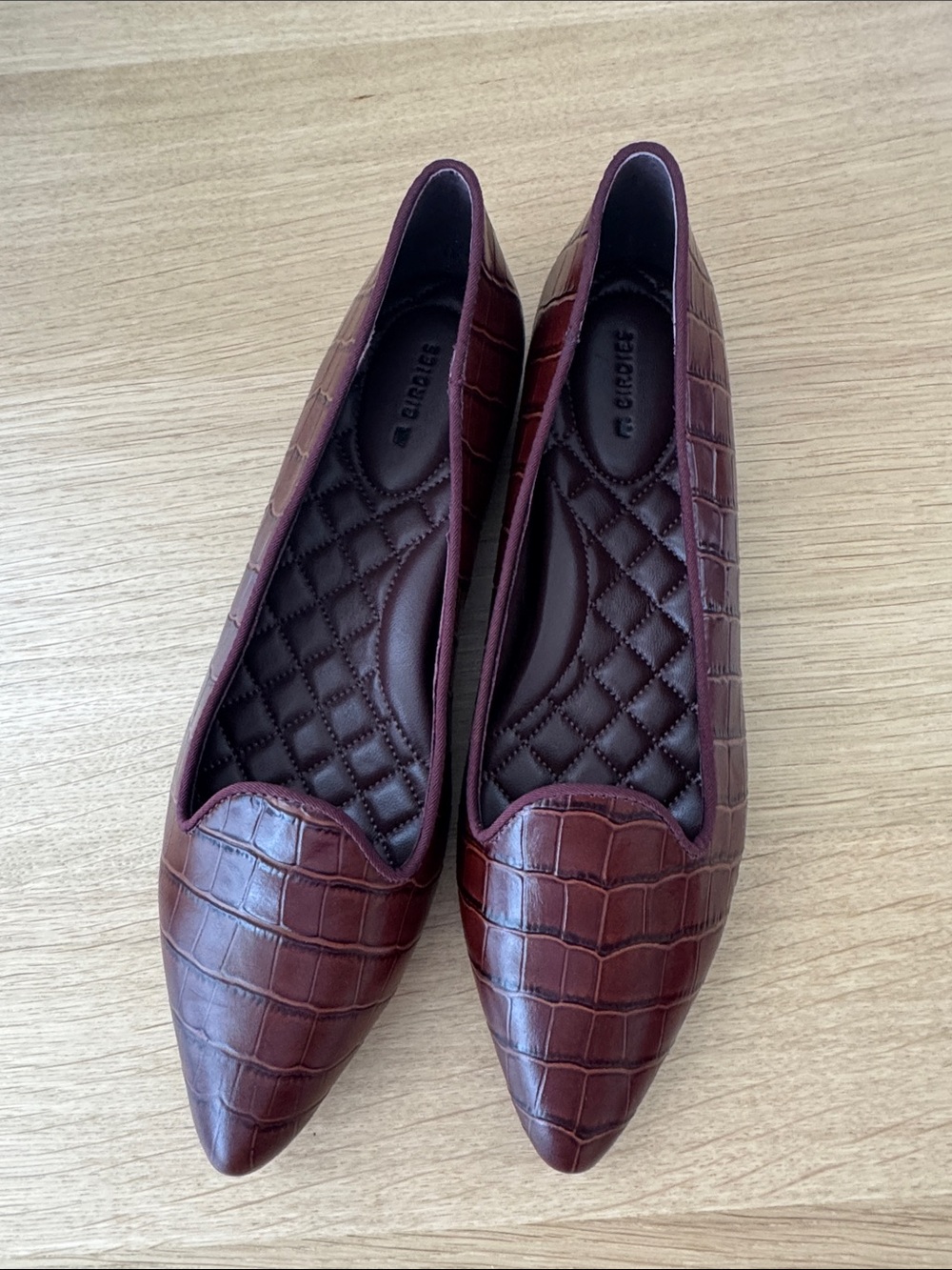 Birdies Burgundy Croc-Embossed Pointed Ballet Flats